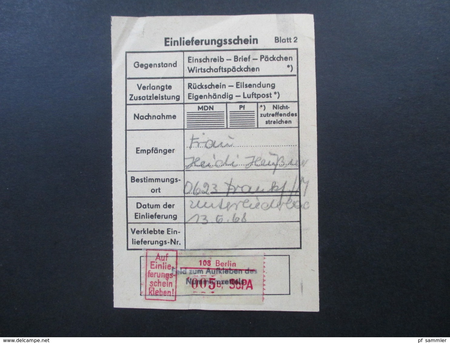 Berlin 1958 Einlieferungsschein Mit Klebezettel 108 Berlin 005 B SbPA Nach Frankfurt / M - Covers & Documents