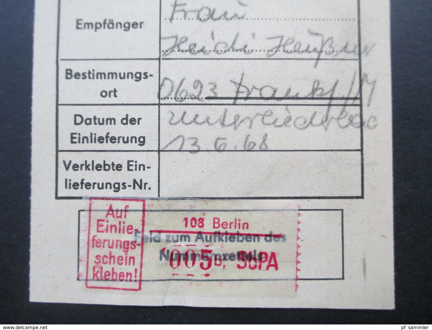 Berlin 1958 Einlieferungsschein Mit Klebezettel 108 Berlin 005 B SbPA Nach Frankfurt / M - Brieven En Documenten