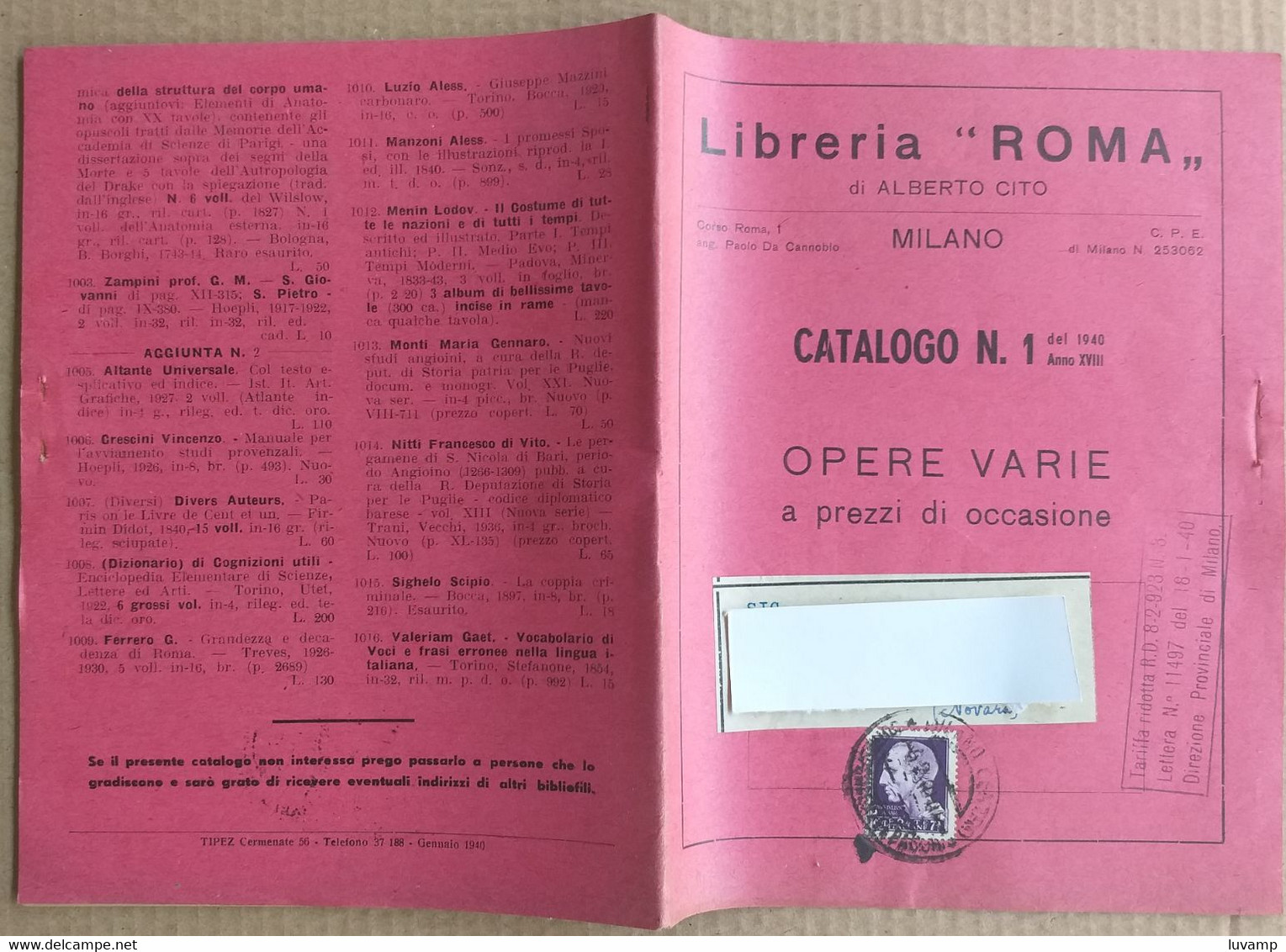 CATALOGO N. 1 LIBRERIA ROMA DEL 1940 - OPERE VARIE ( CART 70) - Altri & Non Classificati