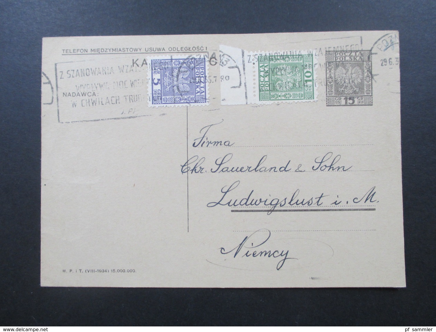 Polen 1935 Ganzsache Mit 2 Zusatzfrankaturen Poznan / Posen - Ludwigslust Firma Gbr. Sauerland & Sohn - Covers & Documents