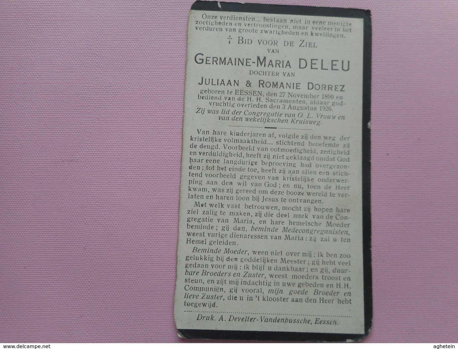 D.P.-GERMAINE-MARIA DELEU °EESSEN 27-11-1899+ALDAAR 3-8-1920 - Religion & Esotérisme