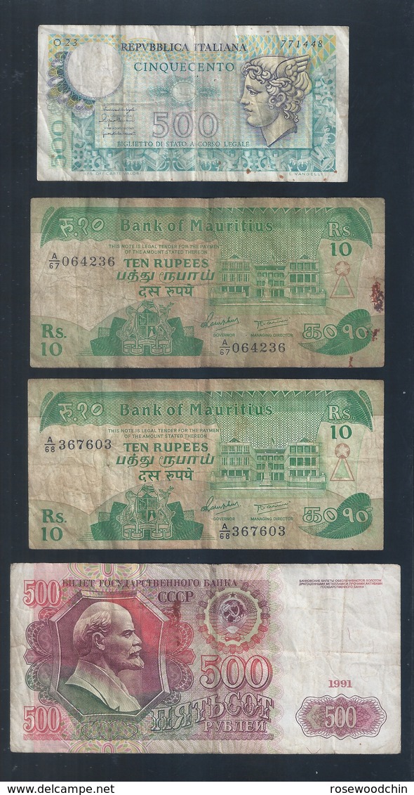 Set Of 4 Pcs. Old Mixed Banknote - Mauritius,  Russia CCCP & REPVBBLICA ITALIANA (#122) - Singapour