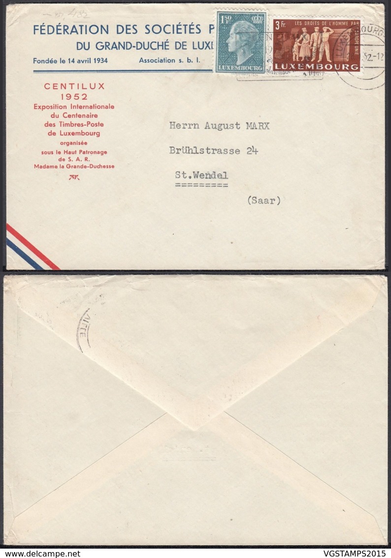 Luxembourg 1952 -Lettre Avec Nº447 Pour La Sarre (BE) DC3768 - Lettres & Documents