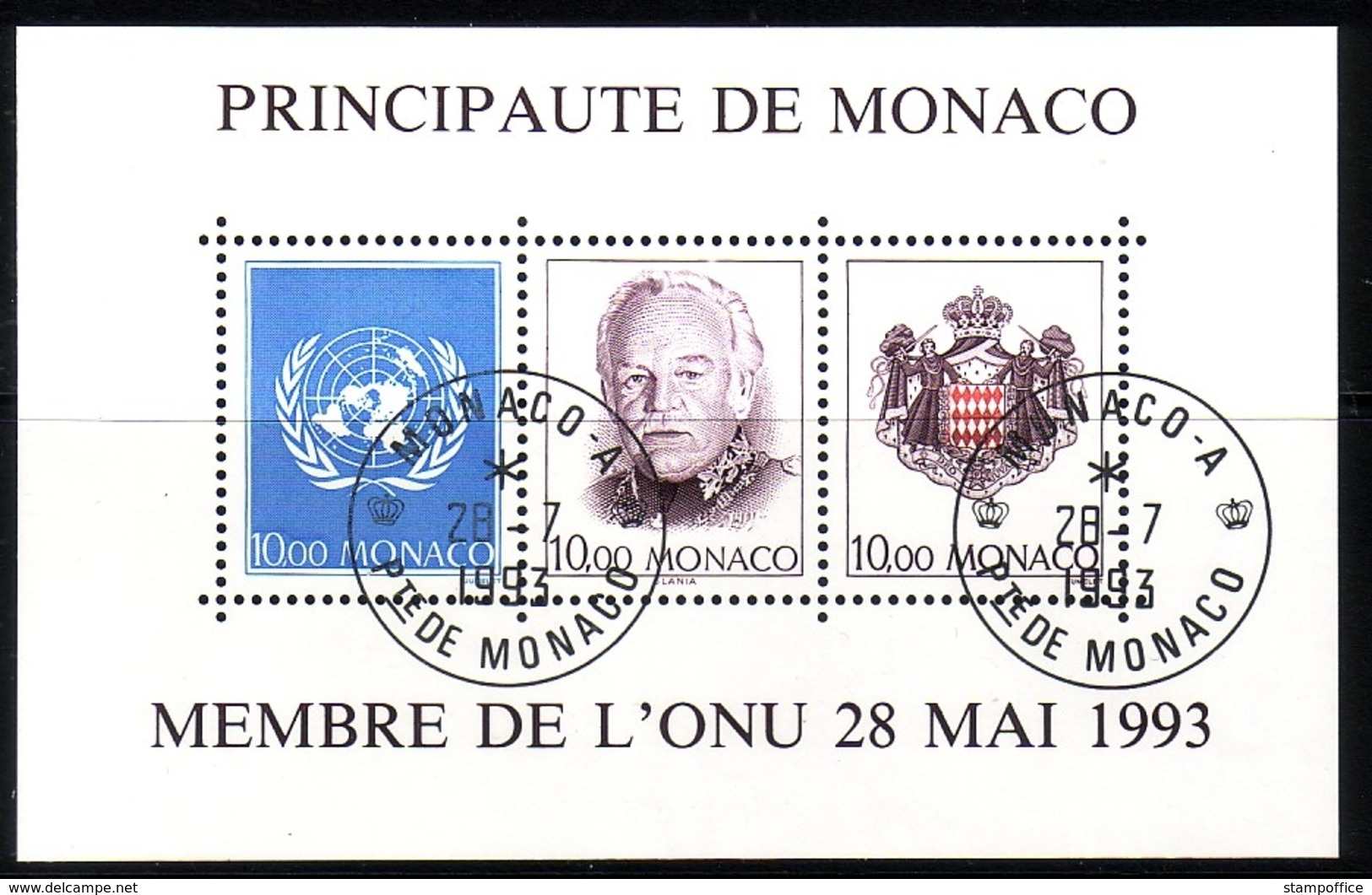 MONACO BLOCK 60 O BEITRITT ZUR UNO - EMBLEM - WAPPEN FÜRST RAINIER - Blocks & Kleinbögen