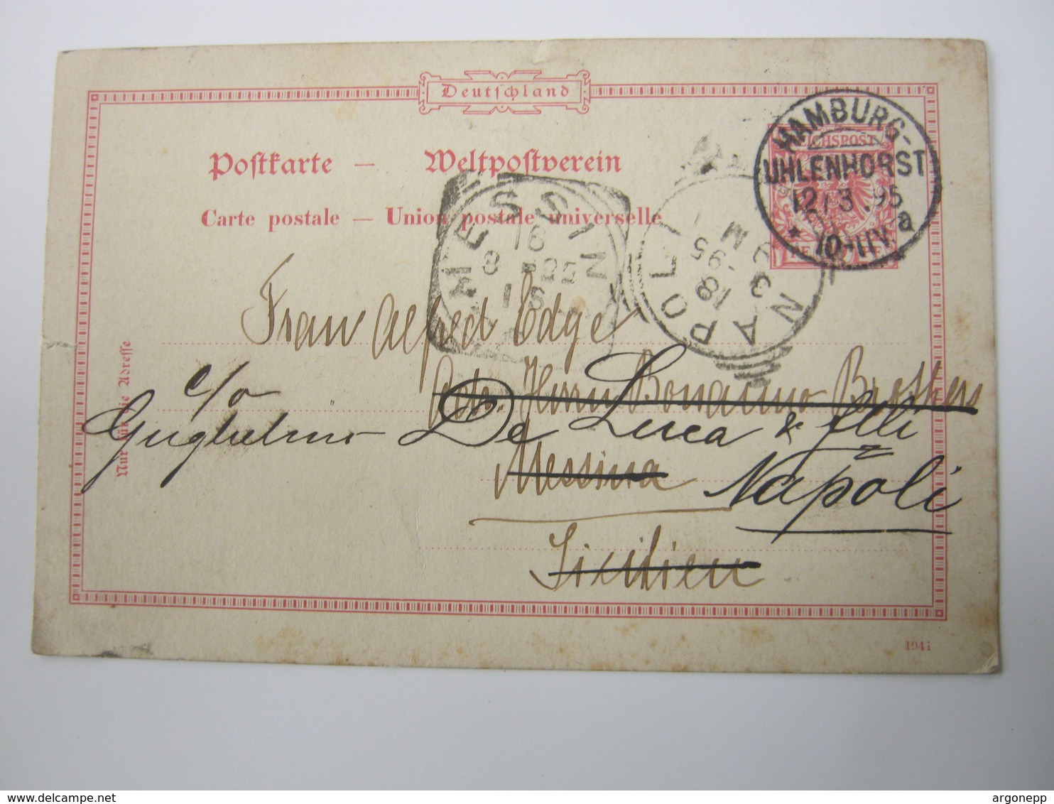 1895, Hamburg - Uhlenhorst , Klarer KOS Stempel Auf Karte Nach Italien - Briefe U. Dokumente