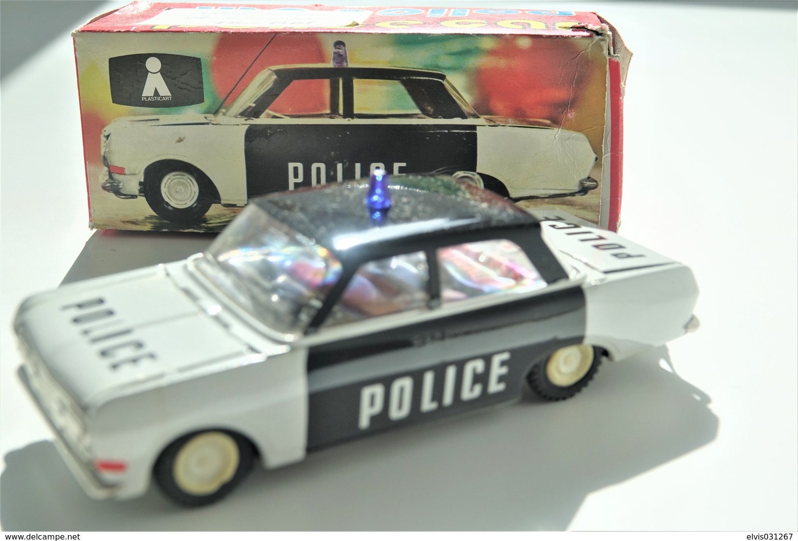 Vintage TIN TOY CAR : mark PLASTICART with BOX - Police Car - 15cm - DDR GDR GERMANY- 1960's - Friction Powered