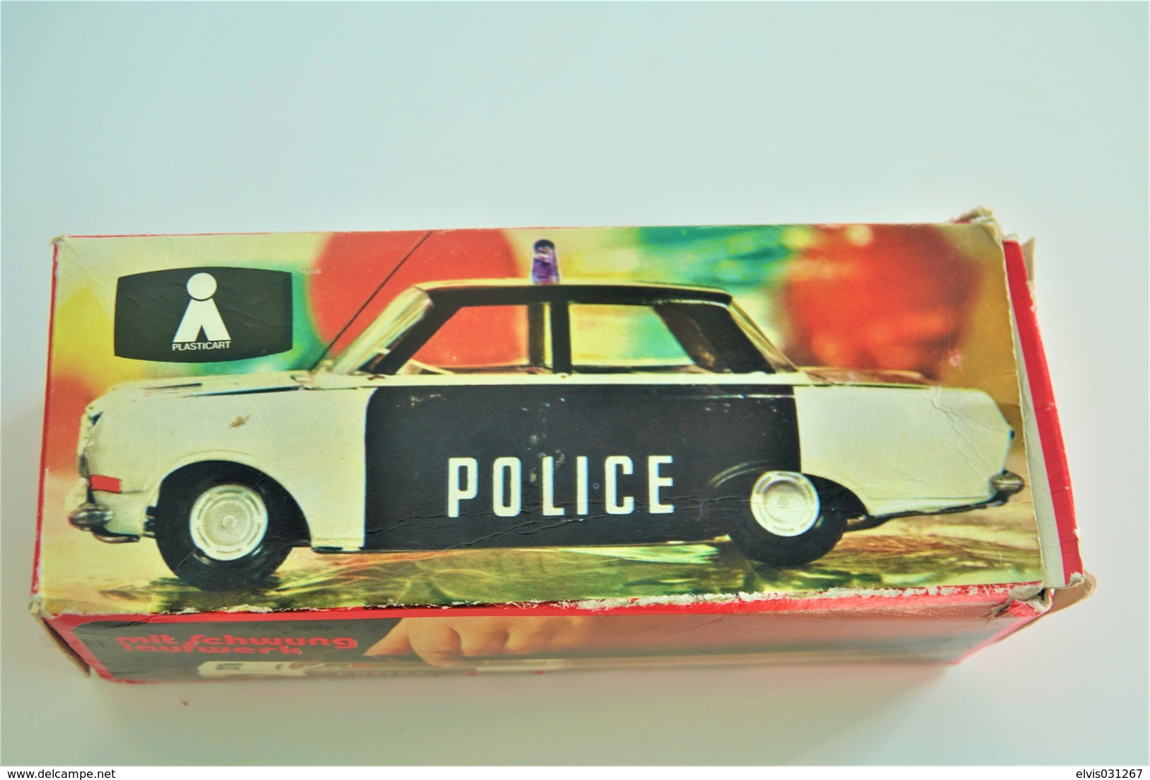 Vintage TIN TOY CAR : mark PLASTICART with BOX - Police Car - 15cm - DDR GDR GERMANY- 1960's - Friction Powered