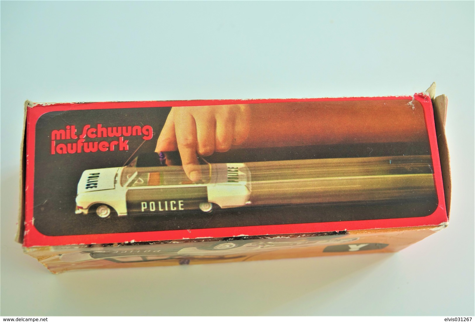 Vintage TIN TOY CAR : mark PLASTICART with BOX - Police Car - 15cm - DDR GDR GERMANY- 1960's - Friction Powered