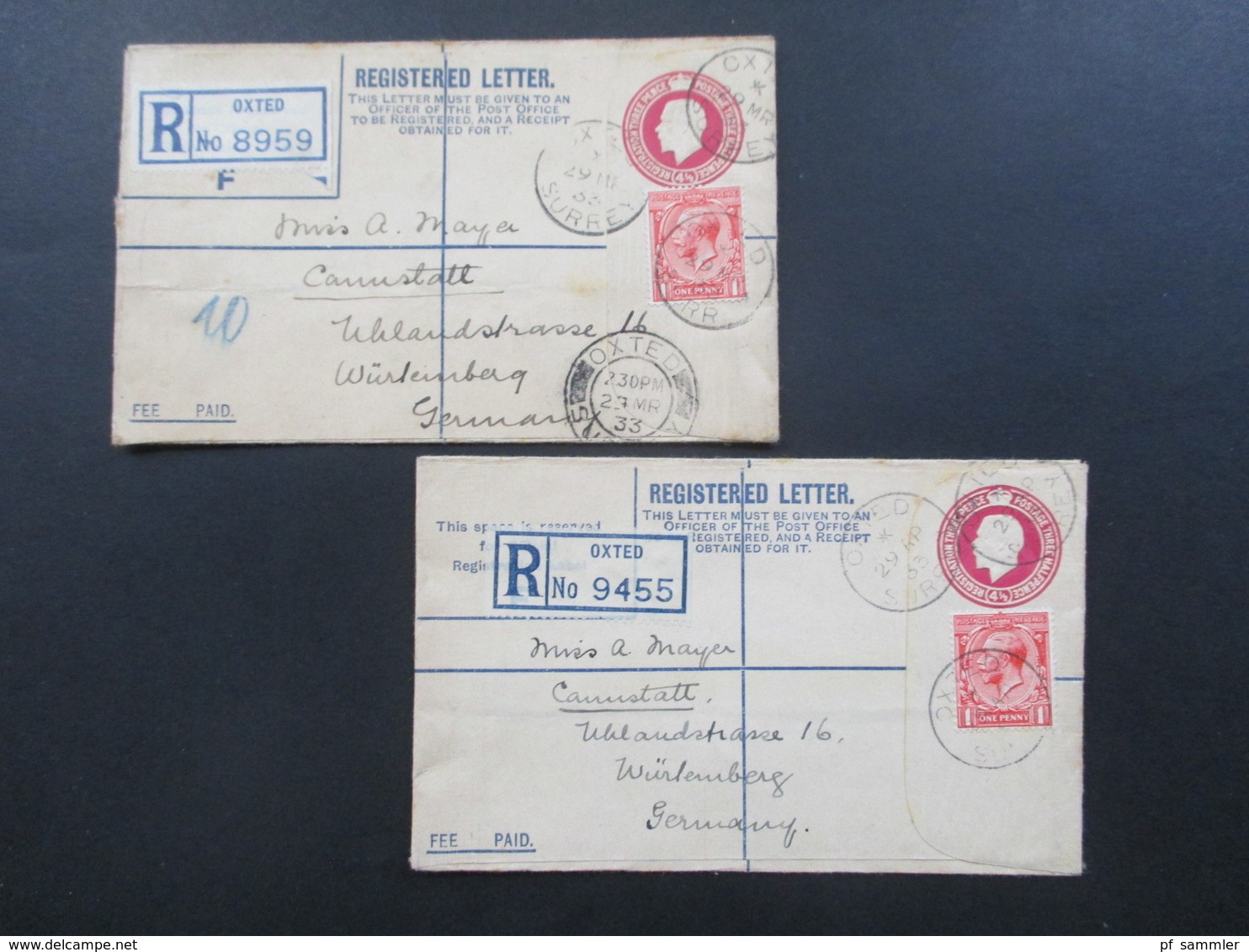 GB 1933 Registered Letter Oxted Surrey Nach Canstatt Württemberg Fee Paid. 2 Einschreiben Mit Zusatzfrankatur - Covers & Documents