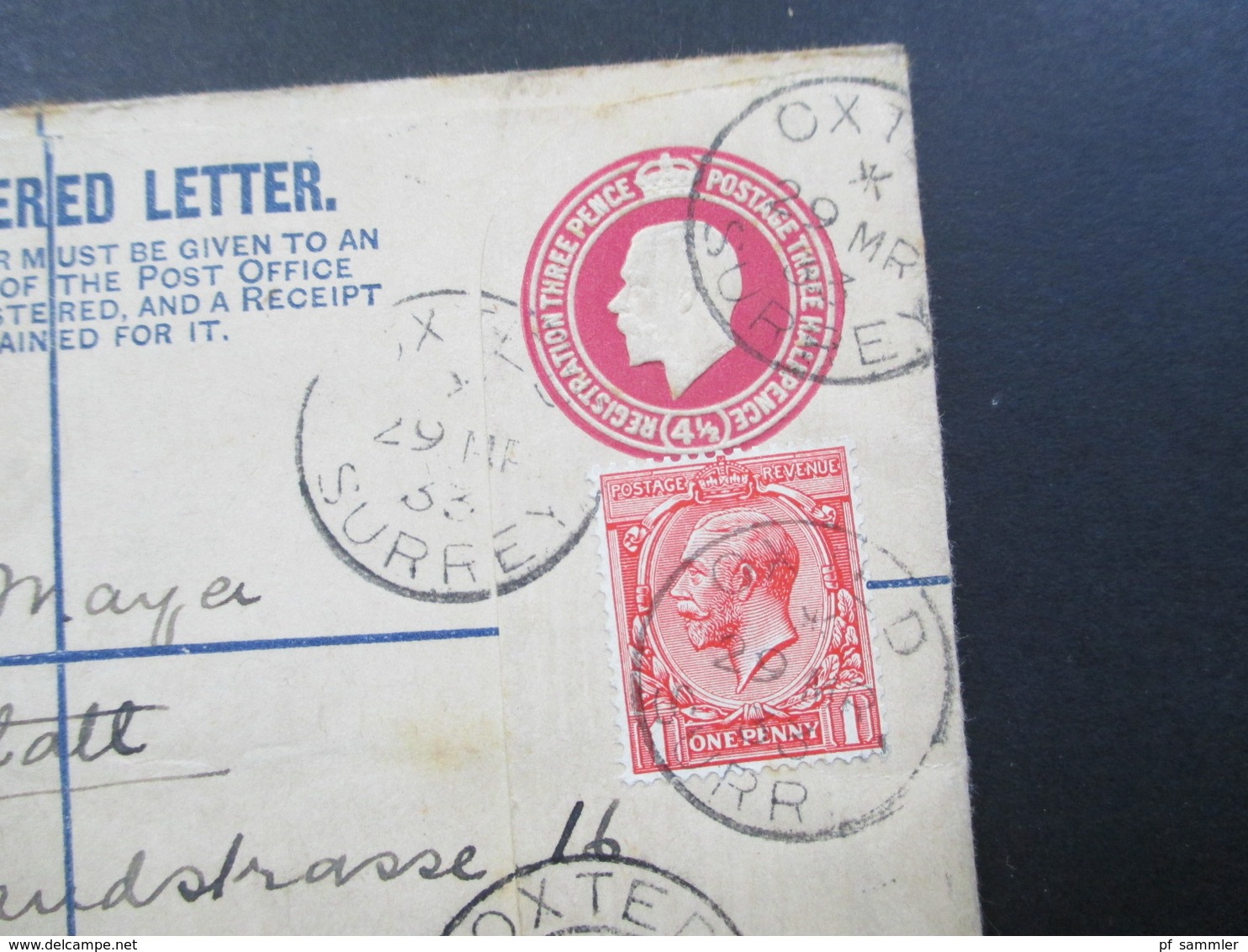 GB 1933 Registered Letter Oxted Surrey Nach Canstatt Württemberg Fee Paid. 2 Einschreiben Mit Zusatzfrankatur - Brieven En Documenten