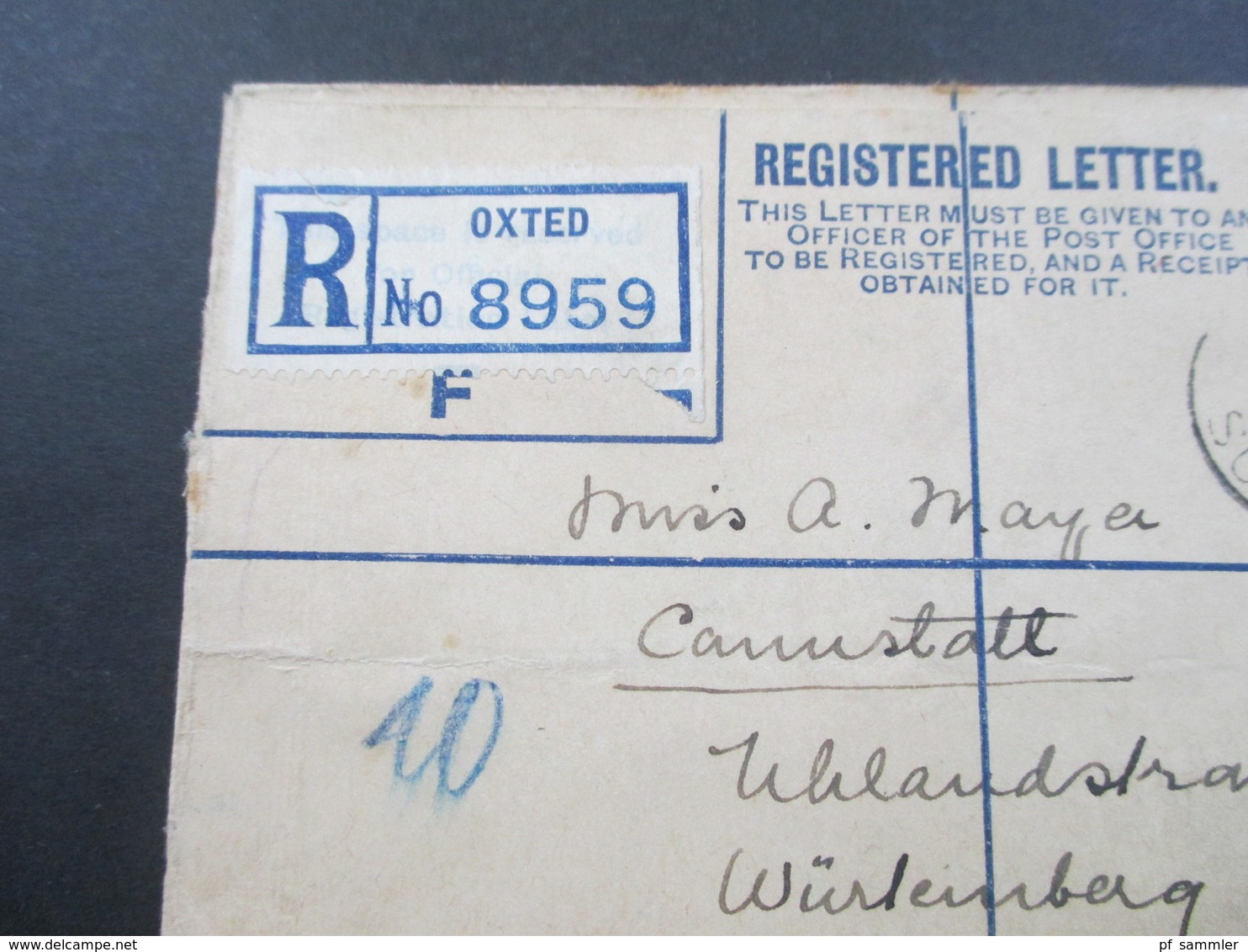 GB 1933 Registered Letter Oxted Surrey Nach Canstatt Württemberg Fee Paid. 2 Einschreiben Mit Zusatzfrankatur - Brieven En Documenten