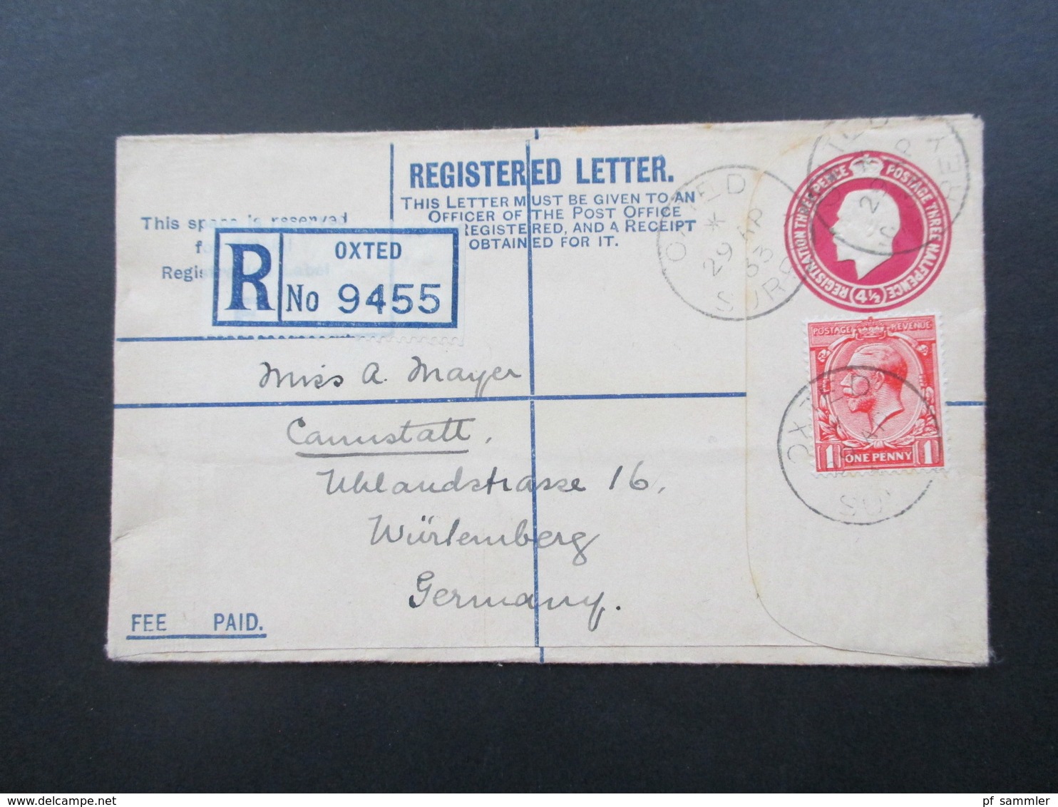 GB 1933 Registered letter Oxted Surrey nach Canstatt Württemberg Fee paid. 2 Einschreiben mit Zusatzfrankatur