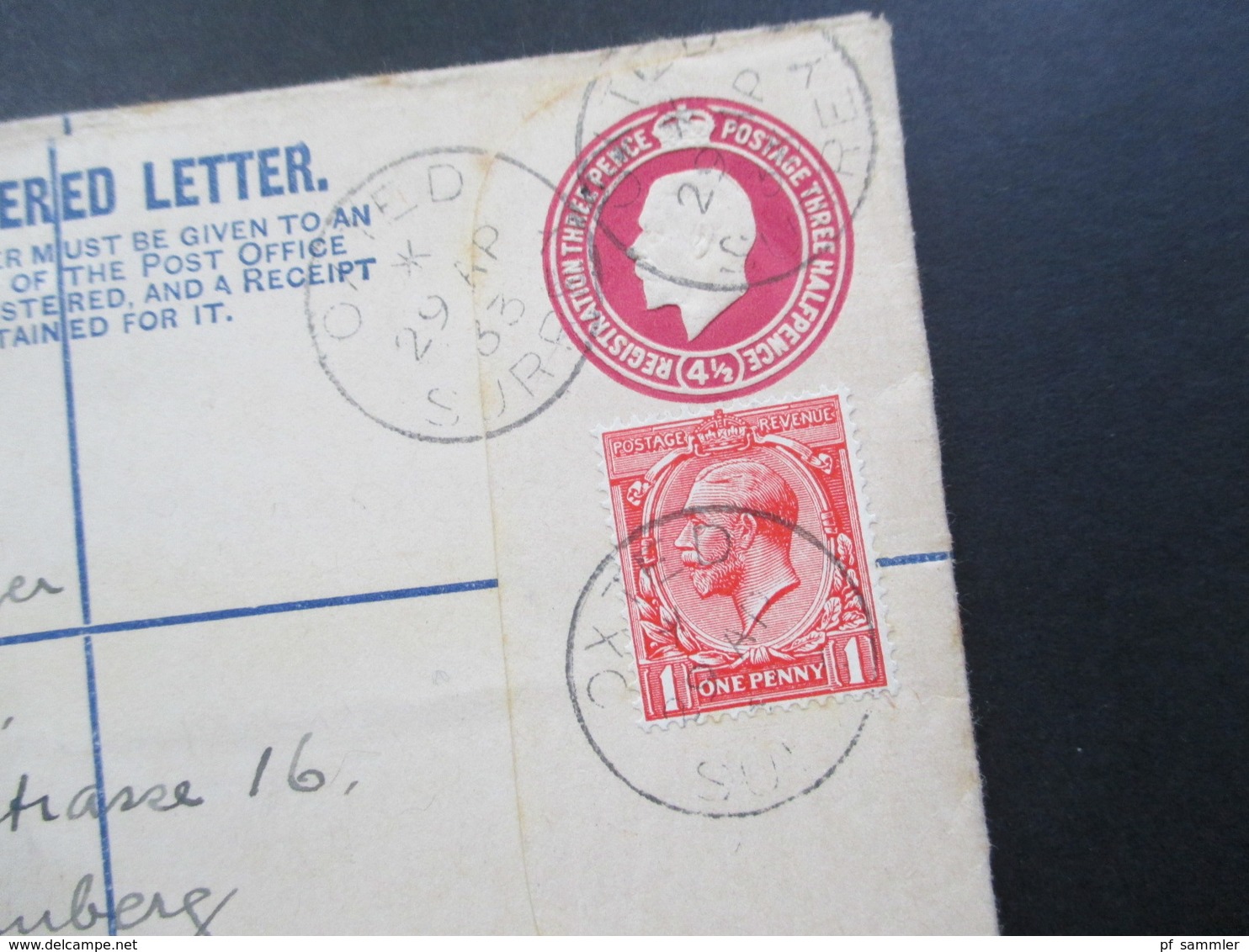 GB 1933 Registered letter Oxted Surrey nach Canstatt Württemberg Fee paid. 2 Einschreiben mit Zusatzfrankatur
