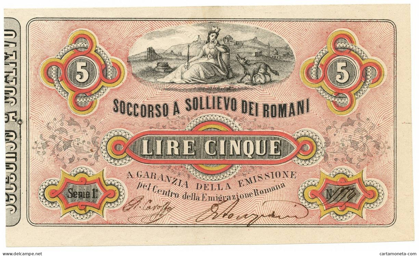 5 LIRE EMESSO SOCCORSO A SOLLIEVO DEI ROMANI 30/04/1867 SUP- - Altri & Non Classificati