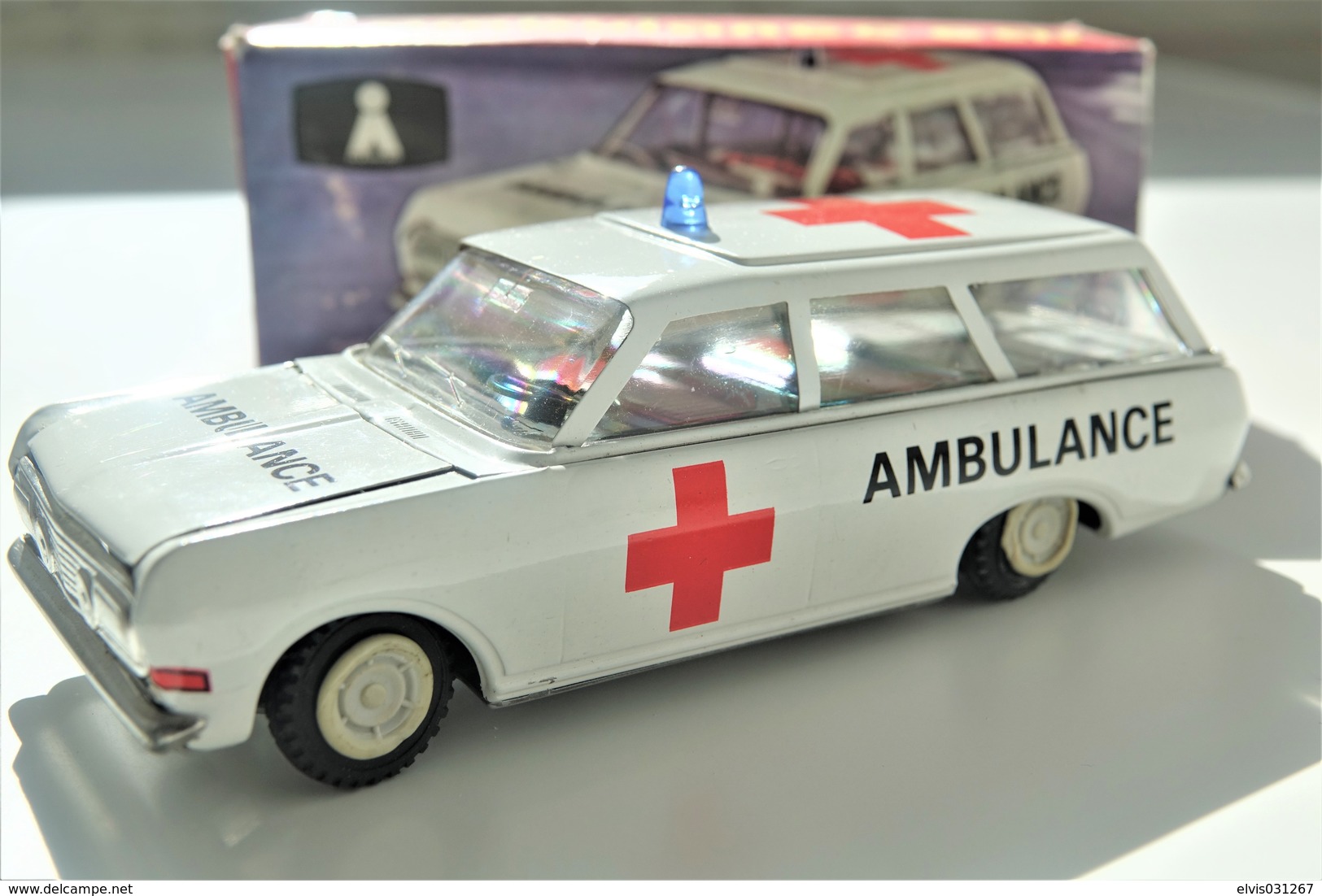 Vintage TIN TOY CAR : mark PLASTICART with BOX - Ambulance  - 15cm - DDR GDR GERMANY- 1960's - Friction Powered