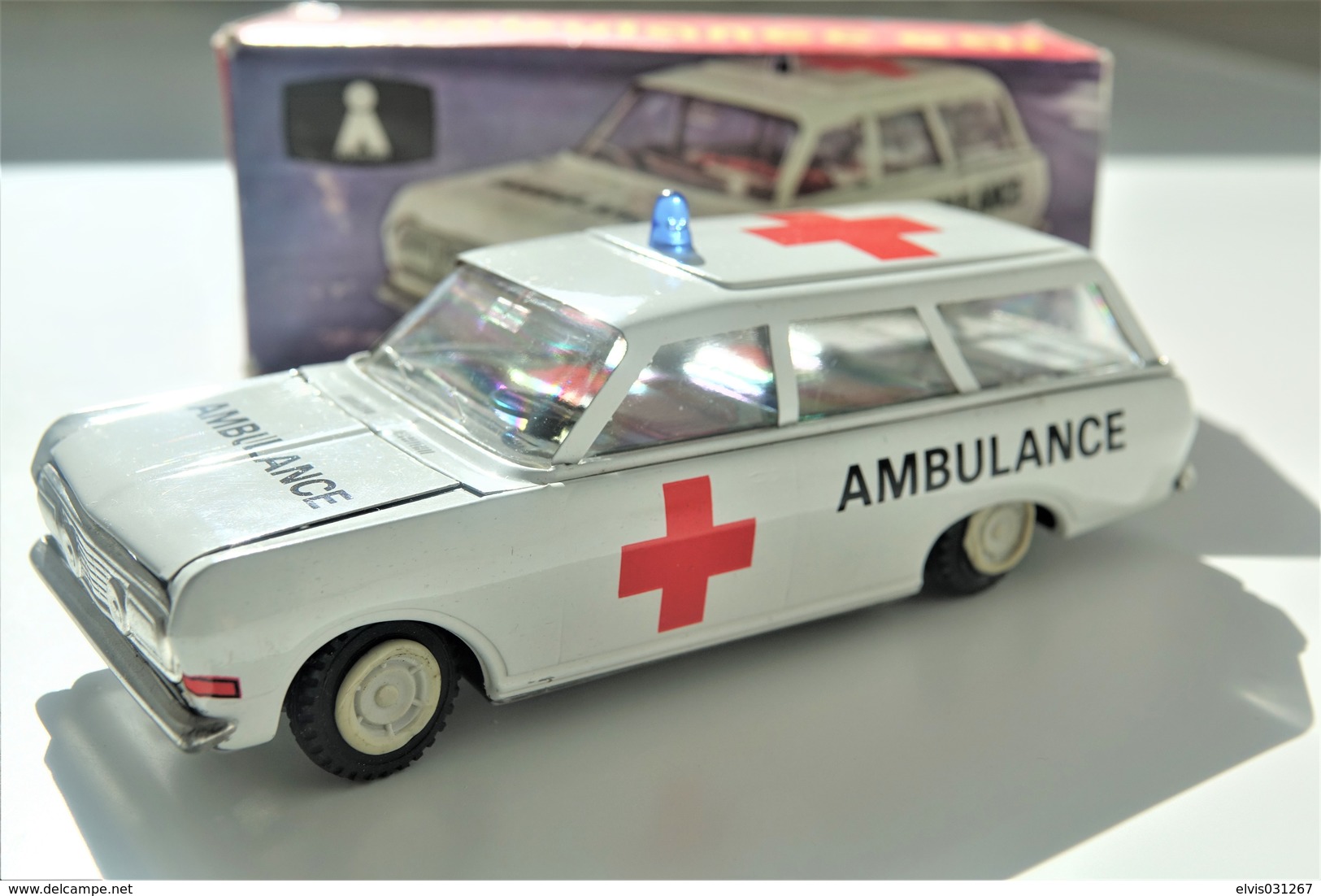 Vintage TIN TOY CAR : mark PLASTICART with BOX - Ambulance  - 15cm - DDR GDR GERMANY- 1960's - Friction Powered