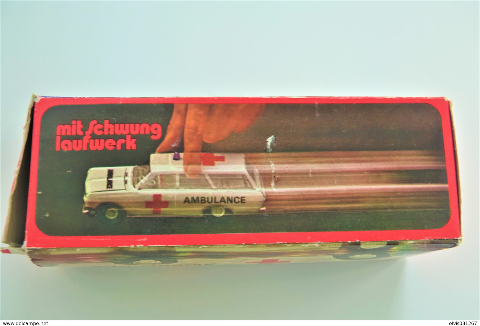 Vintage TIN TOY CAR : mark PLASTICART with BOX - Ambulance  - 15cm - DDR GDR GERMANY- 1960's - Friction Powered