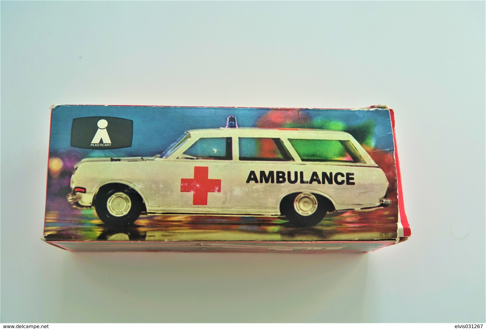 Vintage TIN TOY CAR : mark PLASTICART with BOX - Ambulance  - 15cm - DDR GDR GERMANY- 1960's - Friction Powered
