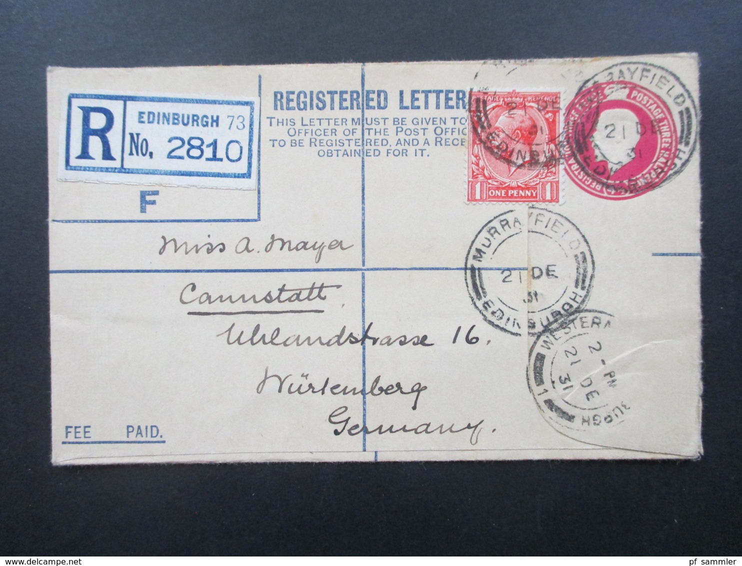 GB 1931 Registered Letter Edinburghn 73 No. 2810 Stempel Murrayfield Einschreiben Mit Zusatzfrankatur - Briefe U. Dokumente