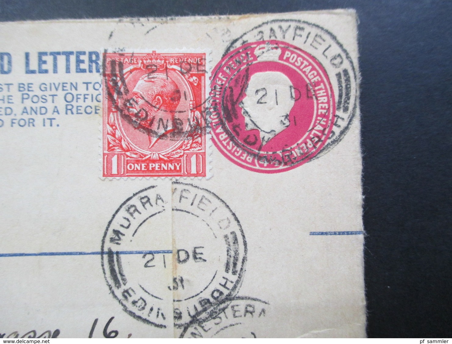 GB 1931 Registered Letter Edinburghn 73 No. 2810 Stempel Murrayfield Einschreiben Mit Zusatzfrankatur - Covers & Documents