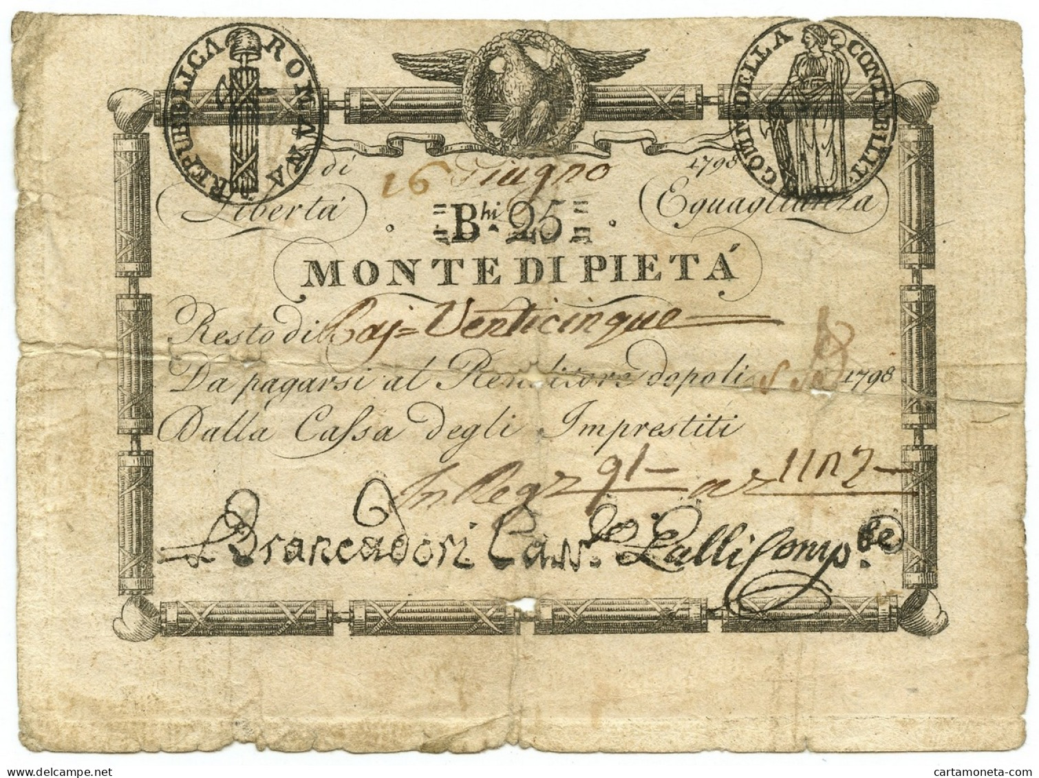 25 BAJOCCHI RESTO MONTE DI PIETÀ REP. ROMANA VALORE IN CIFRE 16/06/1798 MB - Altri & Non Classificati