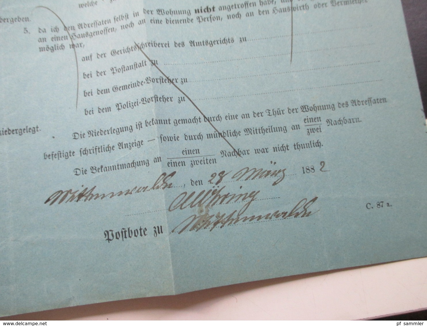 DR 1882 Post Zustellungsurkunde Stempel Ra3 Mittenwalde Reg. bez. Potsdam 28.3.82 an das Königl. Amtsgericht zu Lübben