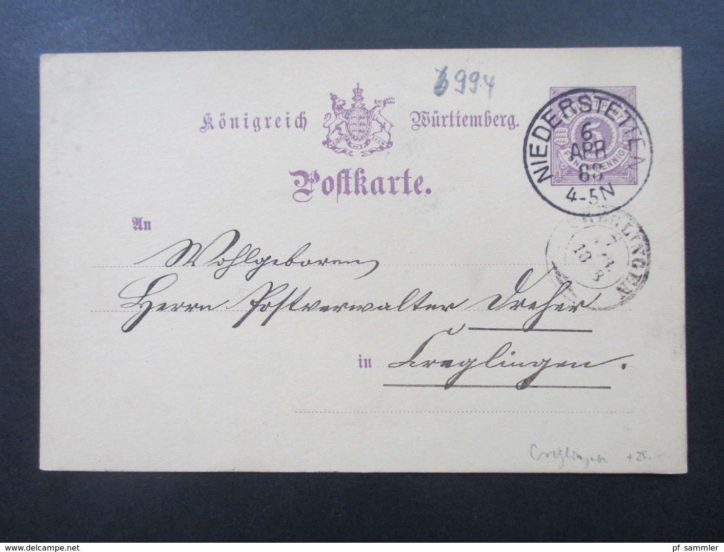 AD Württemberg 1888 Ganzsache Stempel K1 Niederstetten Nach Creglingen Mit Ak Stempel K2 Creglingen - Enteros Postales