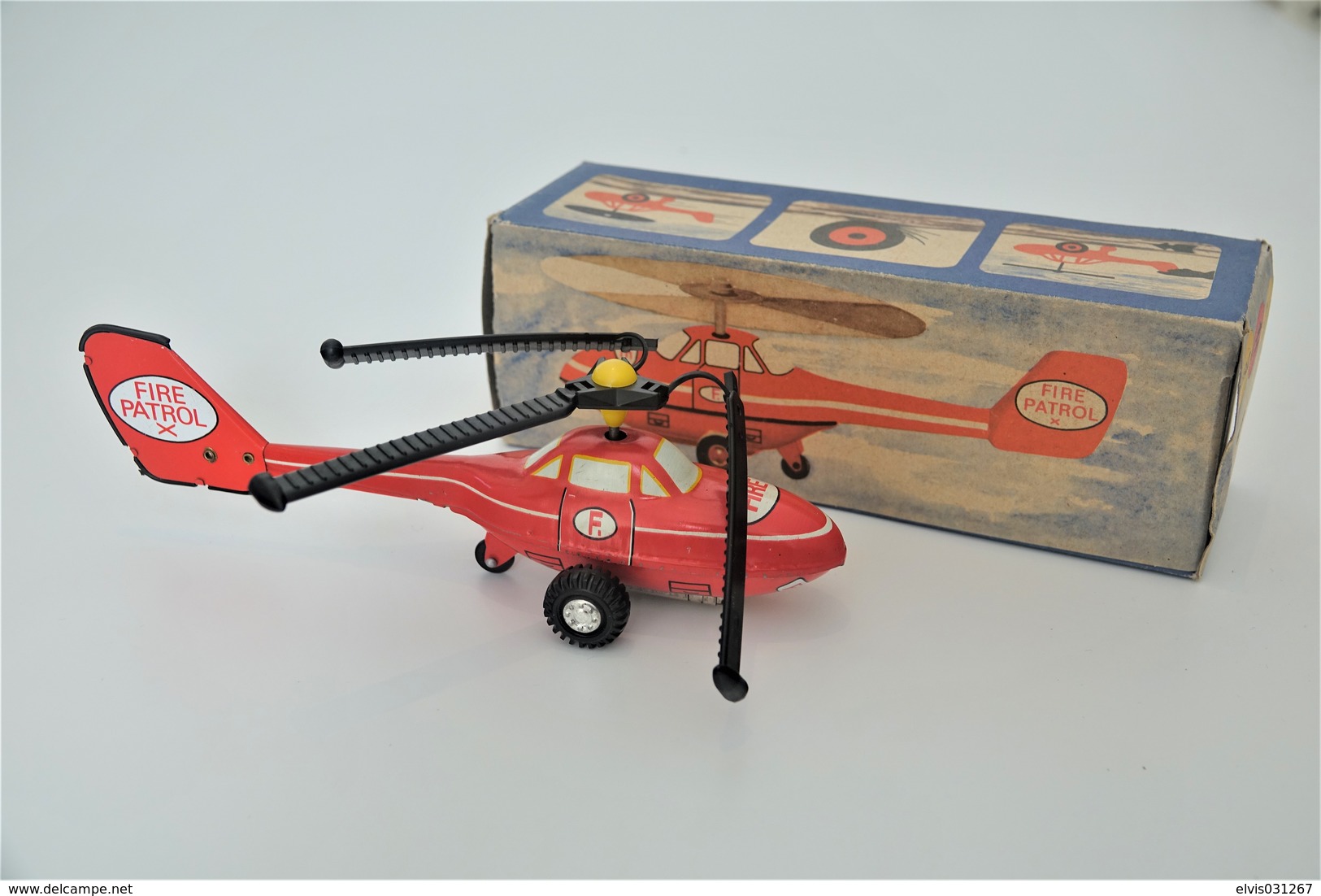 Vintage TIN TOY HELICOPTER  : Mark PLASTICART With BOX - FIRE PATROL - 19cm - DDR GDR GERMANY- 1960's - Friction Powered - Limitierte Auflagen Und Kuriositäten - Alle Marken