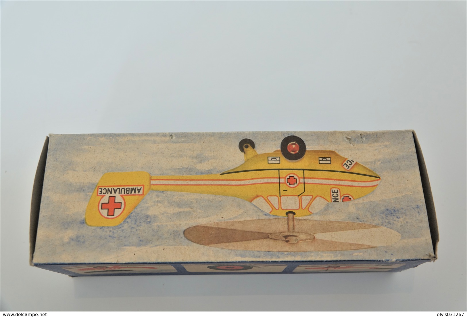 Vintage TIN TOY HELICOPTER  : mark PLASTICART with BOX - FIRE PATROL - 19cm - DDR GDR GERMANY- 1960's - Friction Powered