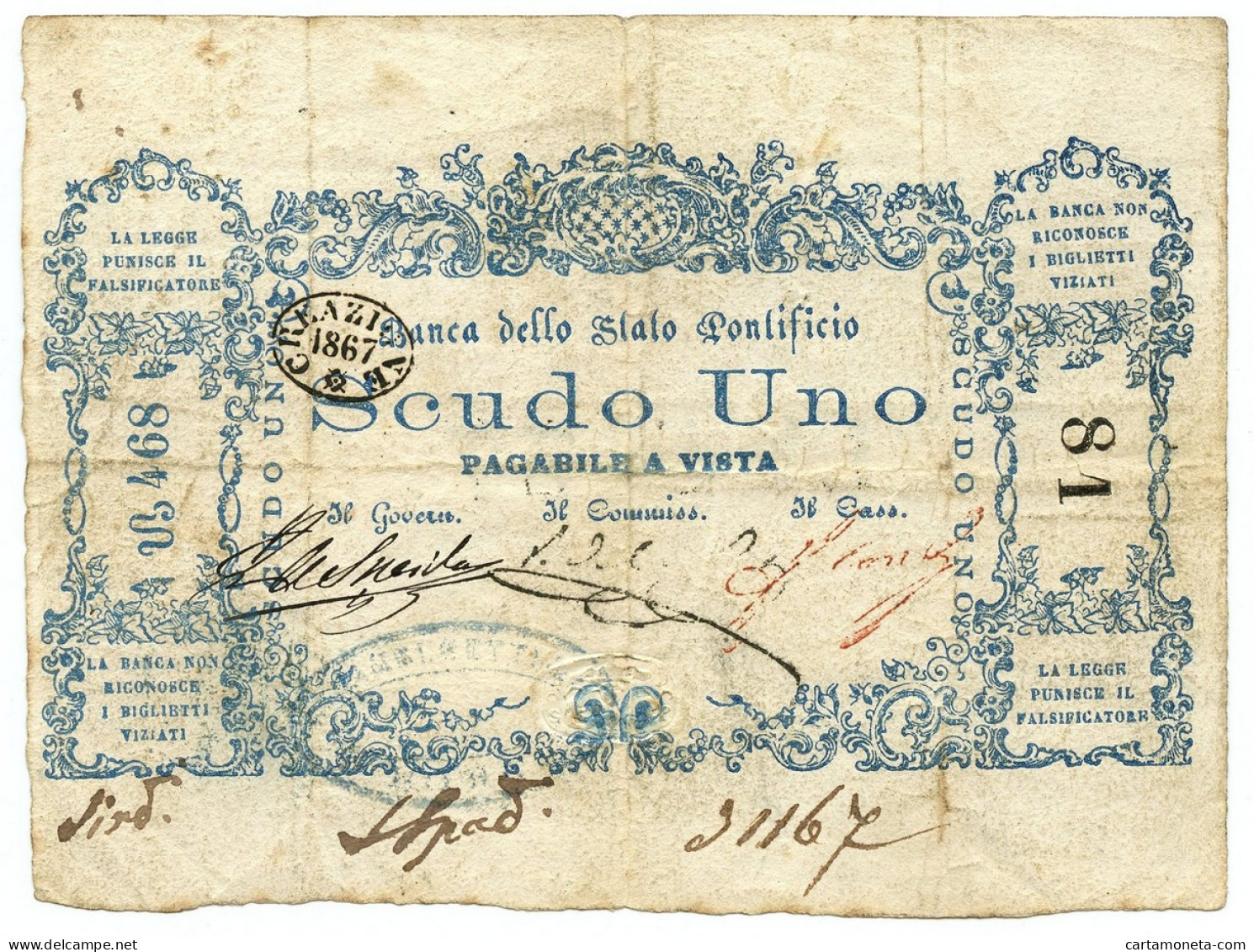 1 SCUDO BANCA DELLO STATO PONTIFICIO 1867 BB - Altri & Non Classificati