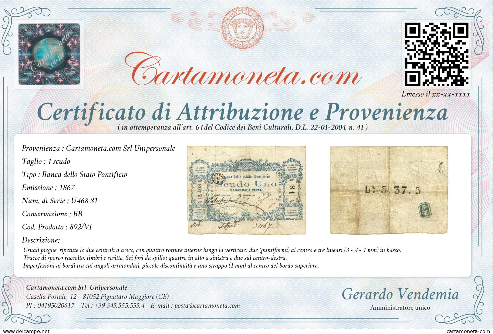 1 SCUDO BANCA DELLO STATO PONTIFICIO 1867 BB - Altri & Non Classificati