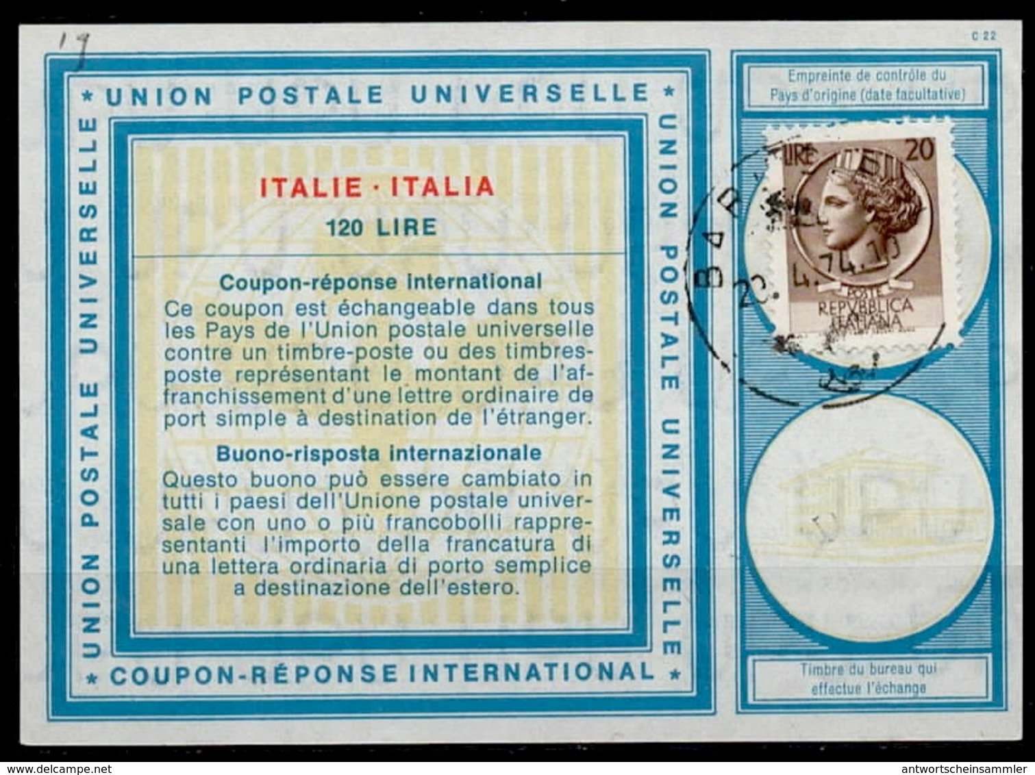 ITALIA / ITALIE / ITALY  Vi19 120 Lire + 20 LIRE Stamp Int. Reply Coupon Reponse Antwortschein IAS IRC O BARI 23.4.74 - Stamped Stationery