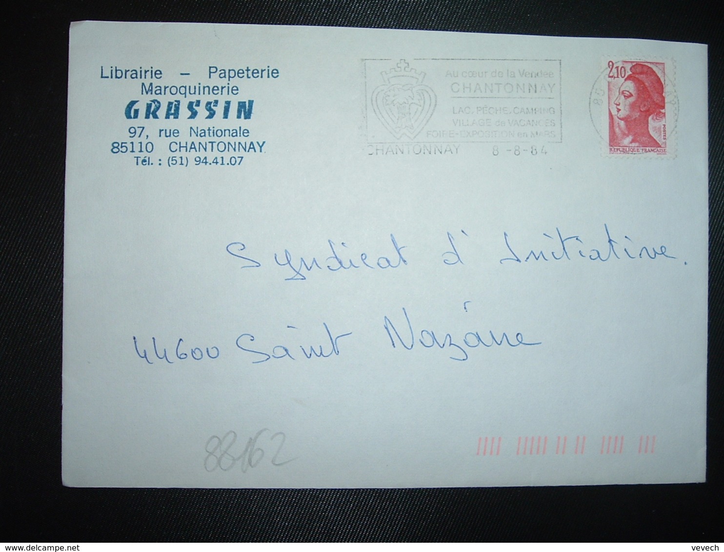 LETTRE TP LIBERTE 2,10 OBL.MEC.8-8 1984 85 CHANTONNAY + GRASSIN LIBRAIRIE PAPETERIE MAROQUINERIE - Otros & Sin Clasificación