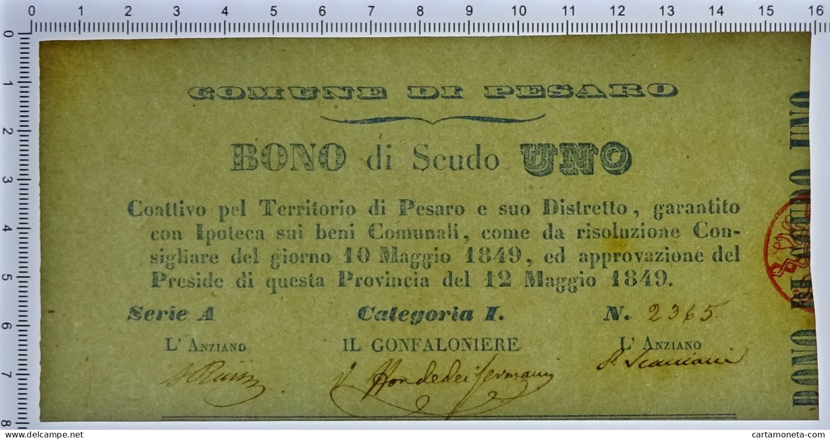 1 SCUDO MATRICE BIGLIETTO BONO COMUNE PESARO STATO PONTIFICIO 10/05/1849 SUP+ - Altri & Non Classificati