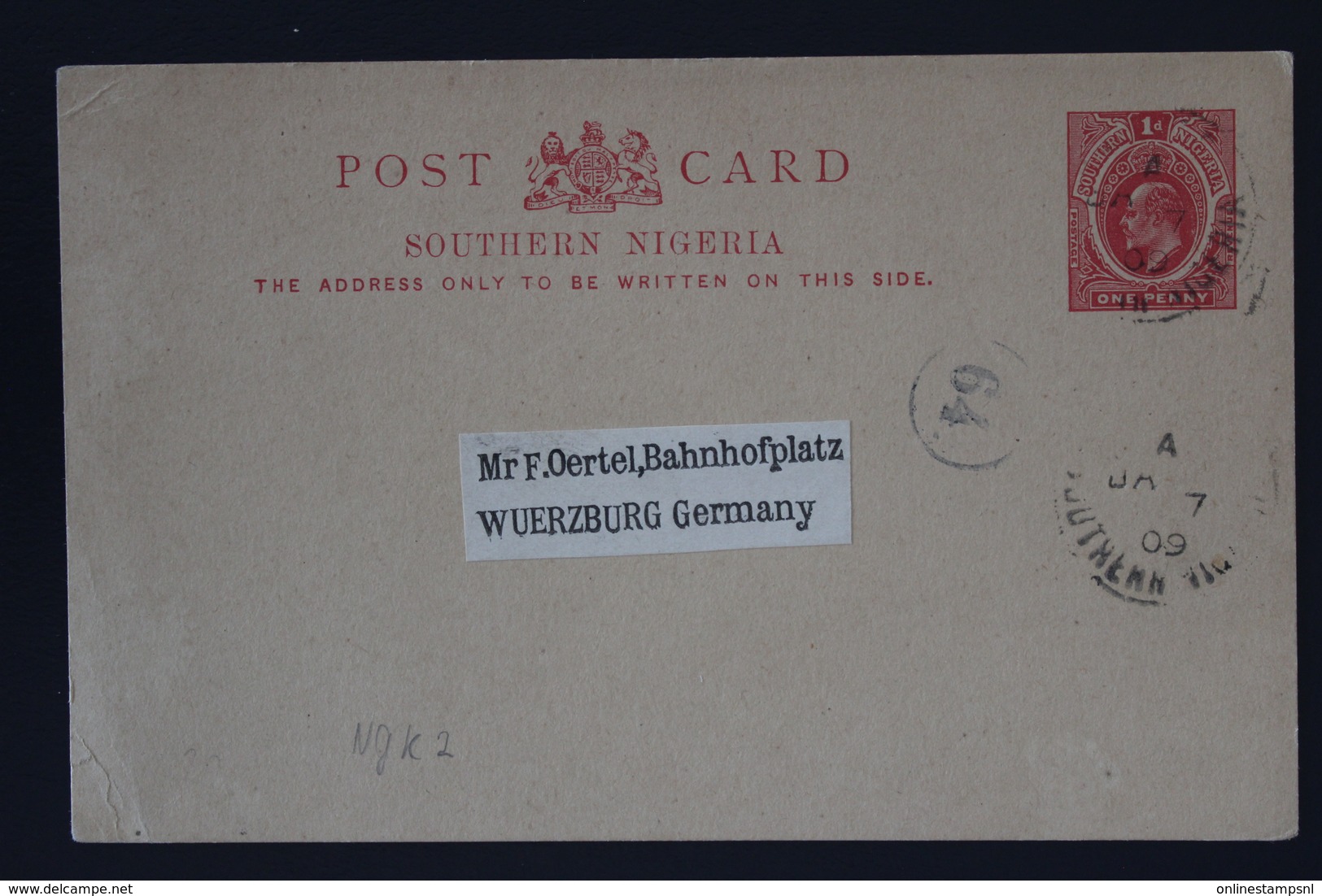 SOUTHERN NIGERIA  Postcard HG P2 Used  LAGOS (?)  7-1-1909 To Wurzburg Germany - Nigeria (...-1960)