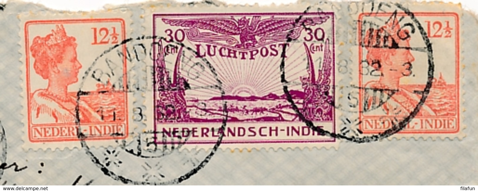 Nederlands Indië - 1932 - 2x12,5 Cent + 30 Cent Luchtpost Op 15 Cent Taxed LP-briefje Van LB Bandoeng/5 Naar Rotterdam - Nederlands-Indië