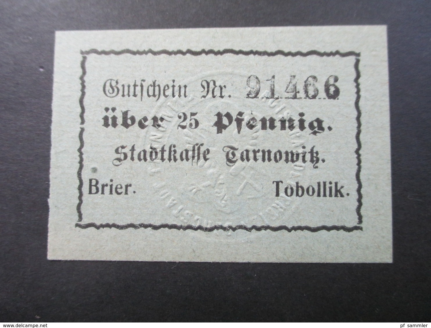 Notgeld Stadtkasse Tarnowitz Brier / Tobollik 2 Scheine / Geprägtes Wappen. 25 PF Und 50 PFLokalausgaben - [11] Local Banknote Issues