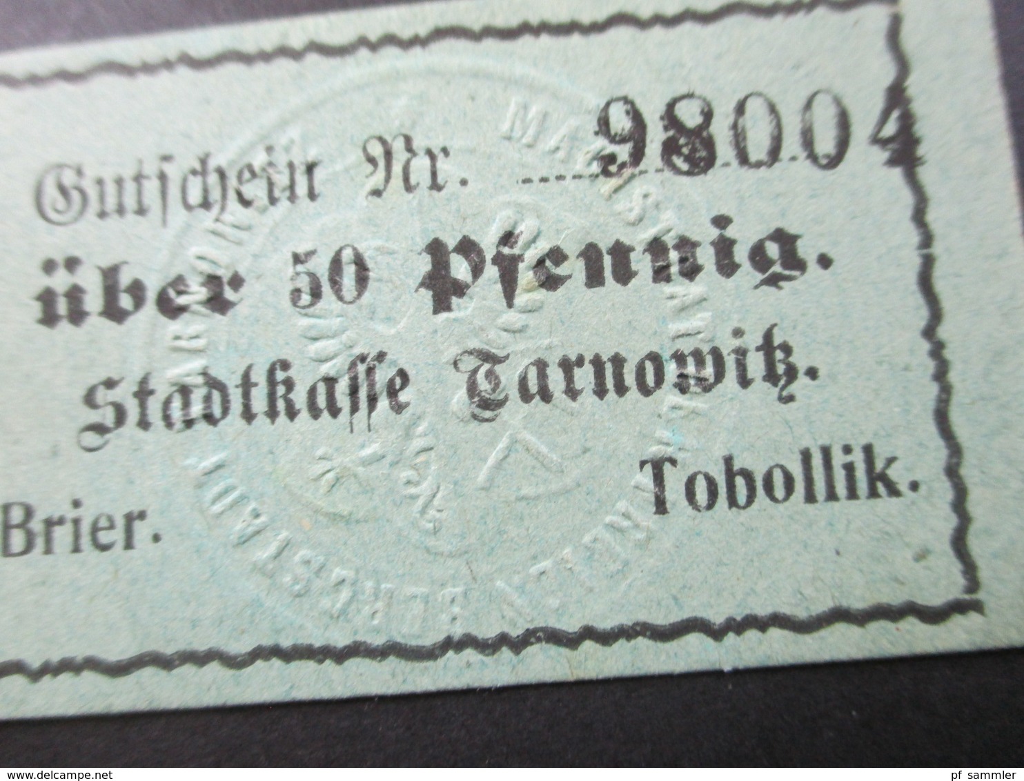 Notgeld Stadtkasse Tarnowitz Brier / Tobollik 2 Scheine / Geprägtes Wappen. 25 PF Und 50 PFLokalausgaben - [11] Local Banknote Issues