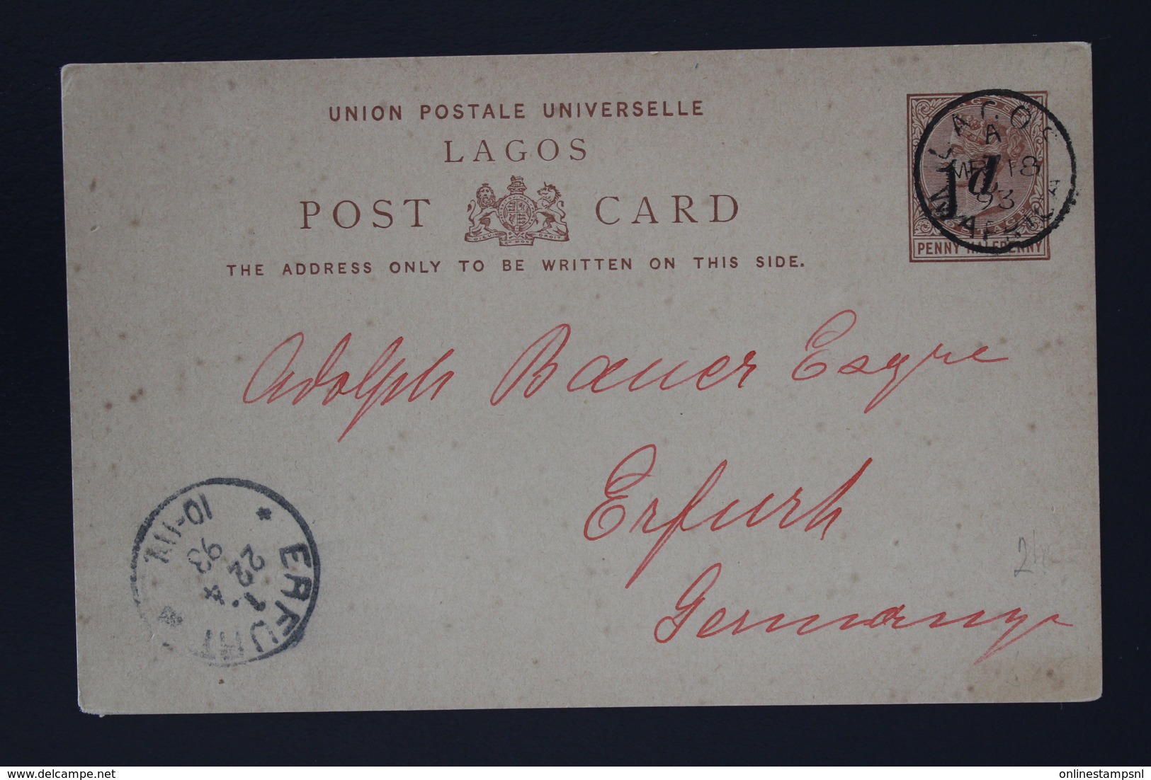 LAGOS Postcard Lagos -> Erfurt Germany  Hg 6  18-3-1893 - Nigeria (...-1960)