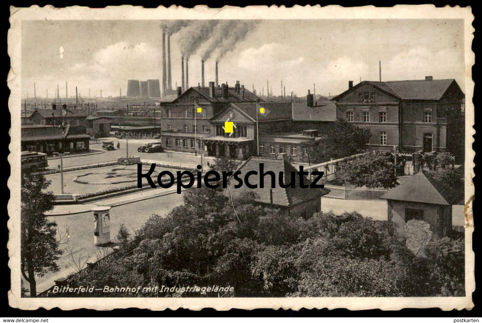 ALTE POSTKARTE BITTERFELD BAHNHOF MIT INDUSTRIEGELÄNDE 1939 Beflaggung Symbol Station Gare Industrie Industry Postcard - Bitterfeld