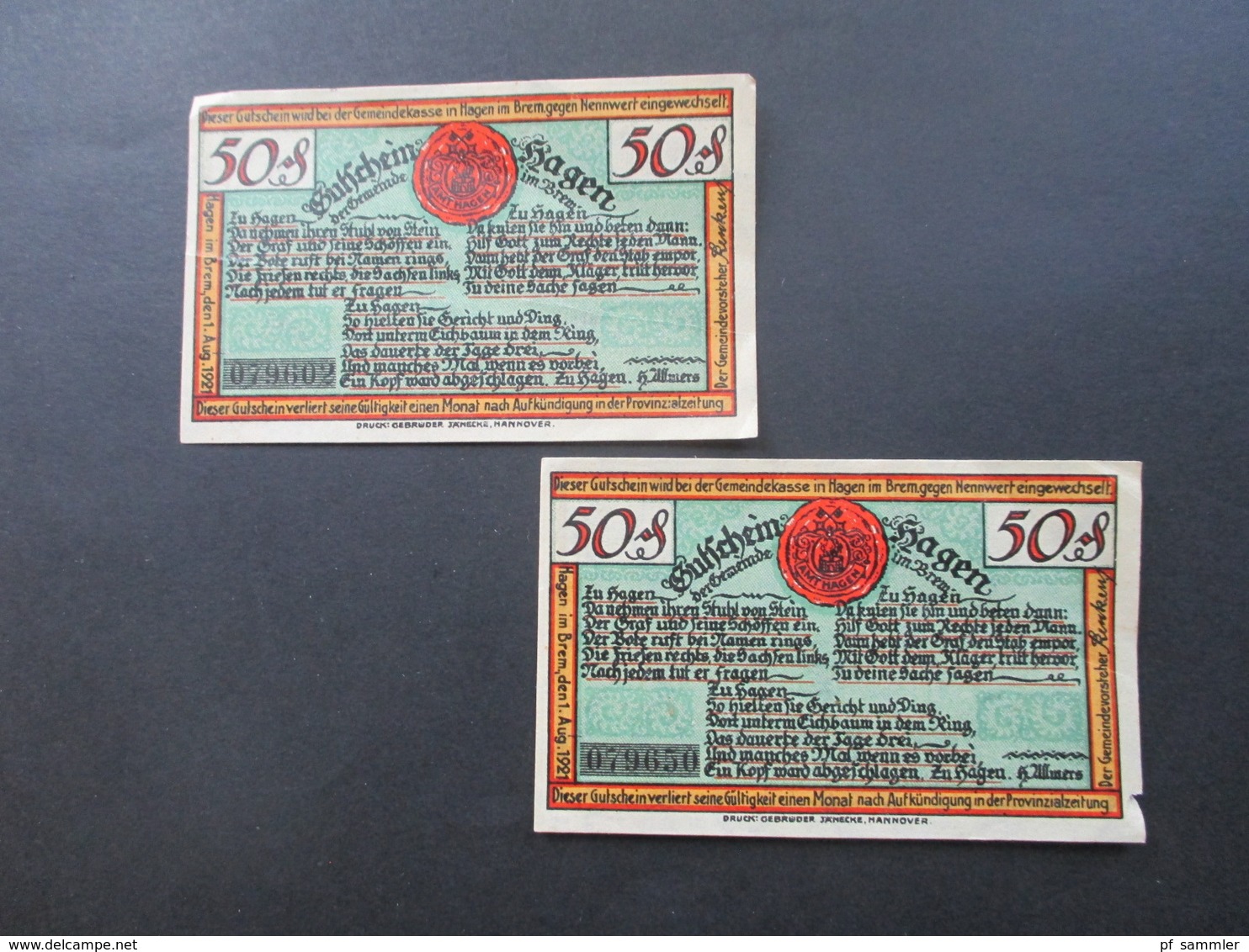 Notgeld Stadt Gemeinde Hagen 1921 2 Scheine Mit Gebrauchsspuren!!! - Lokale Ausgaben