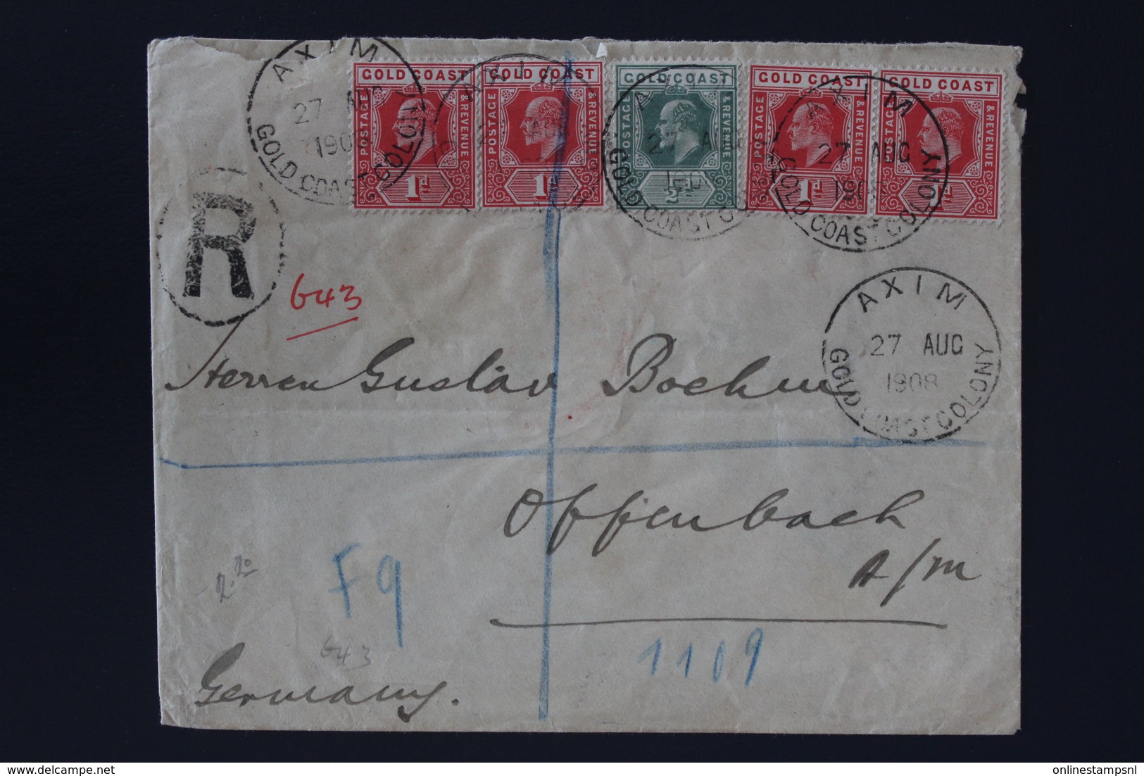 GOLDCOAST Registered Cover AXIM VIA PLYMOUTH TO OFFENBACH GEMANY 27-8-1908 Oval R Cancel Manual Numbered 643 - Gold Coast (...-1957)