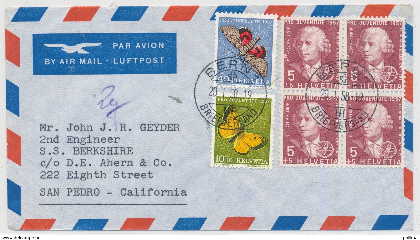 Portogerechte Mischfrankatur Auf Luftpostbrief Gelaufen - BERN - SAN PEDRO Californien - Briefe U. Dokumente