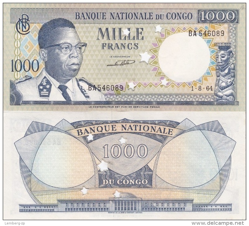 Congo Rep - 1000 Francs 1964 AUNC Cancelled Yellowing Lemberg-Zp - República Democrática Del Congo & Zaire