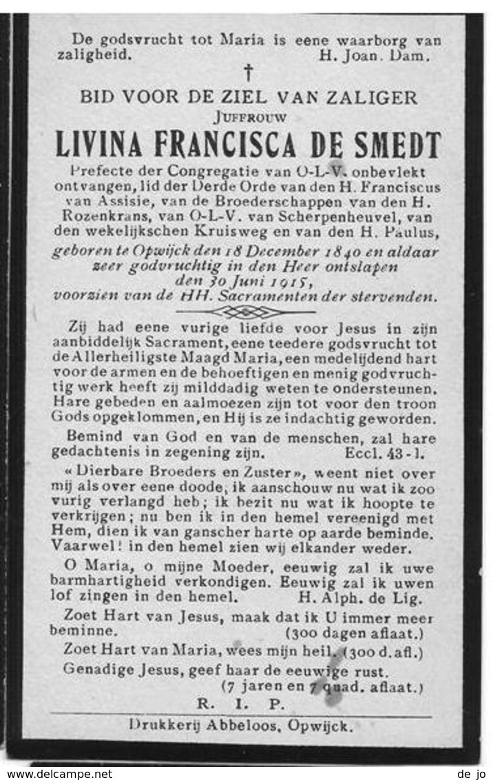 DE SMET Livina ° 18 December 1840 Opwijk +30 Juni 1915 Prefecte Doodsprentje Image Mortuaire Funeral Card - Religion & Esotérisme