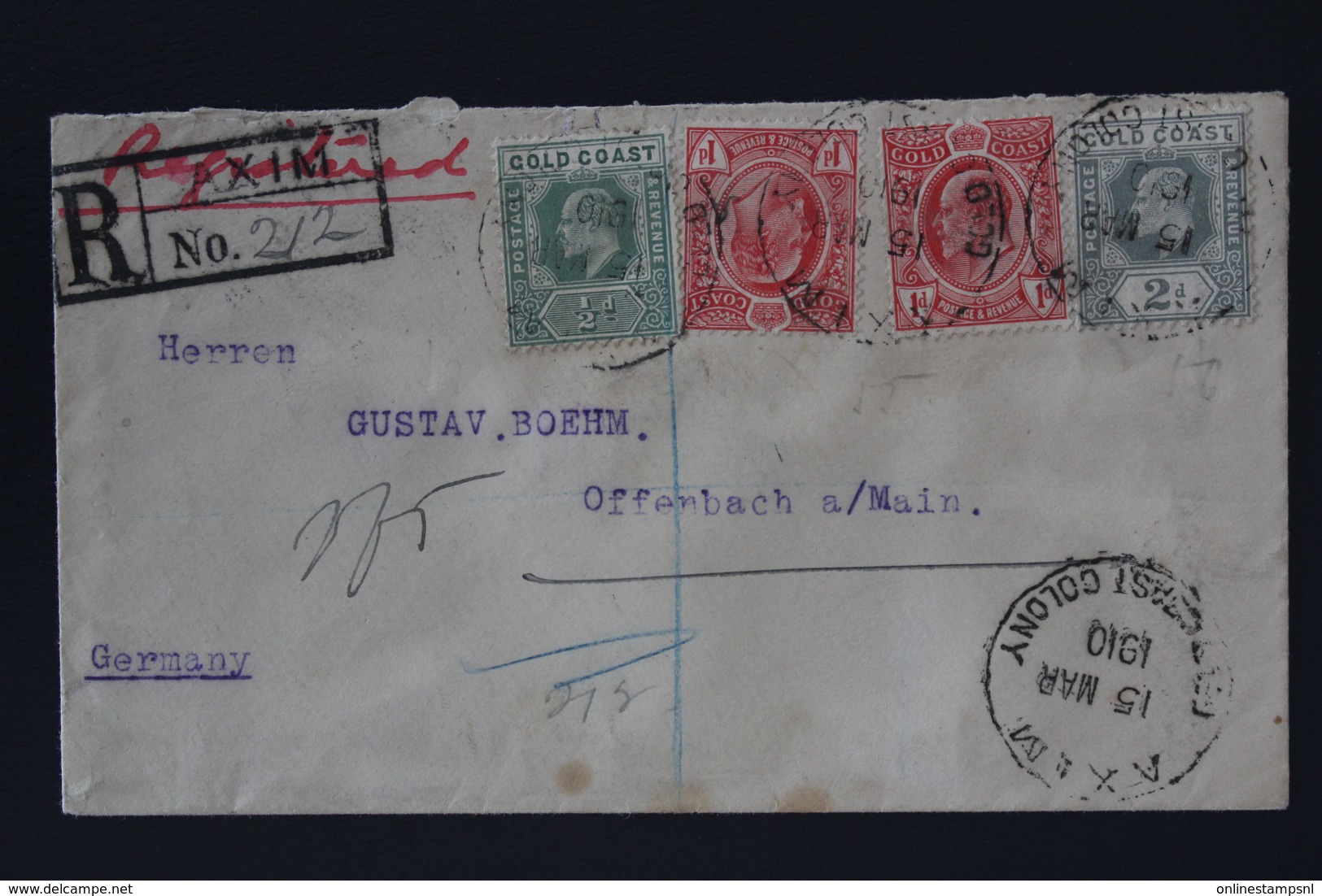 GOLDCOAST Registered Cover AXIM VIA PLYMOUTH TO OFFENBACH GEMANY 15-3-1910 - Gold Coast (...-1957)