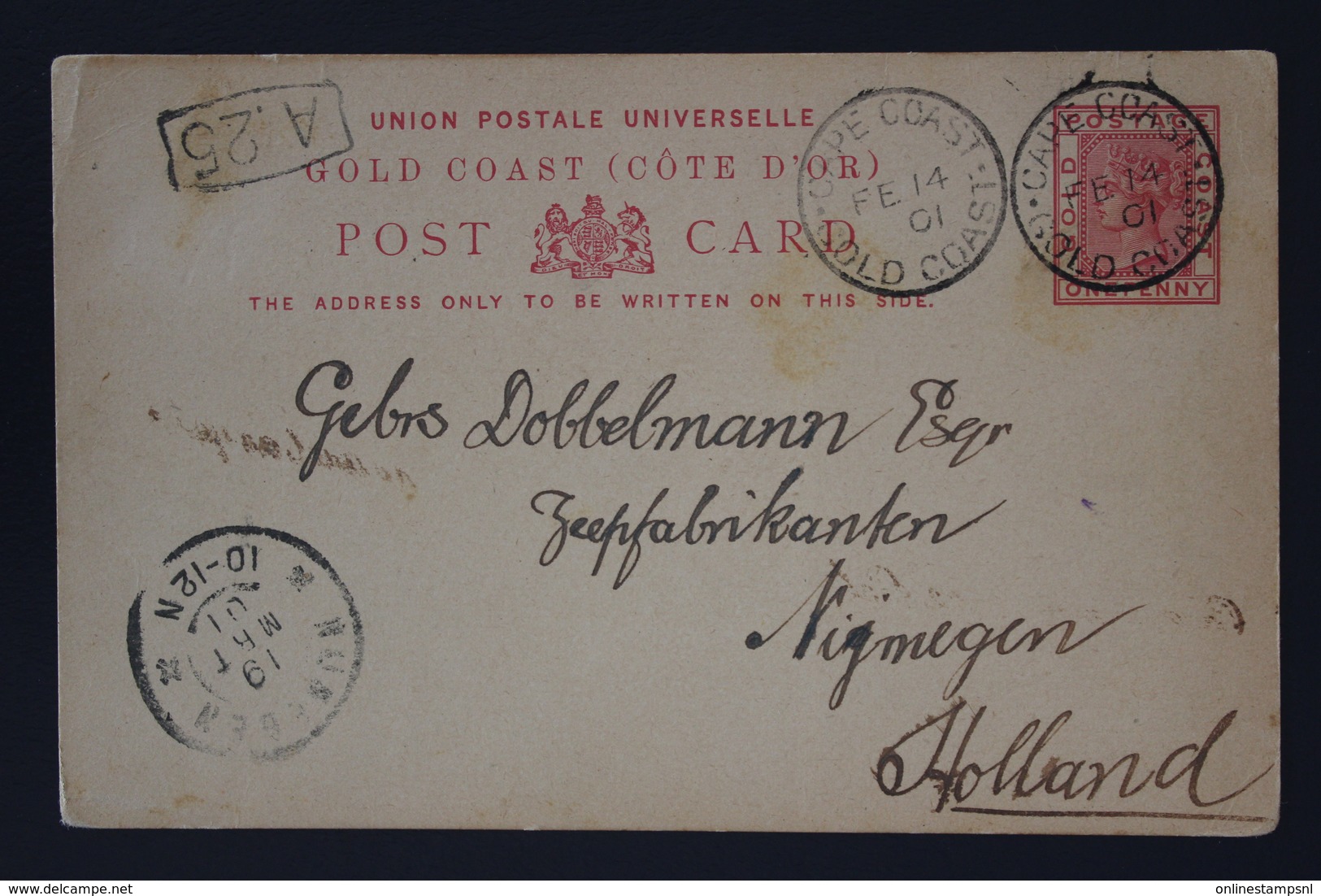 GOLDCOAST Postcard HG P3  14-2-1901 CAPE COAST -> NIJMEGEN HOLLAND - Costa De Oro (...-1957)