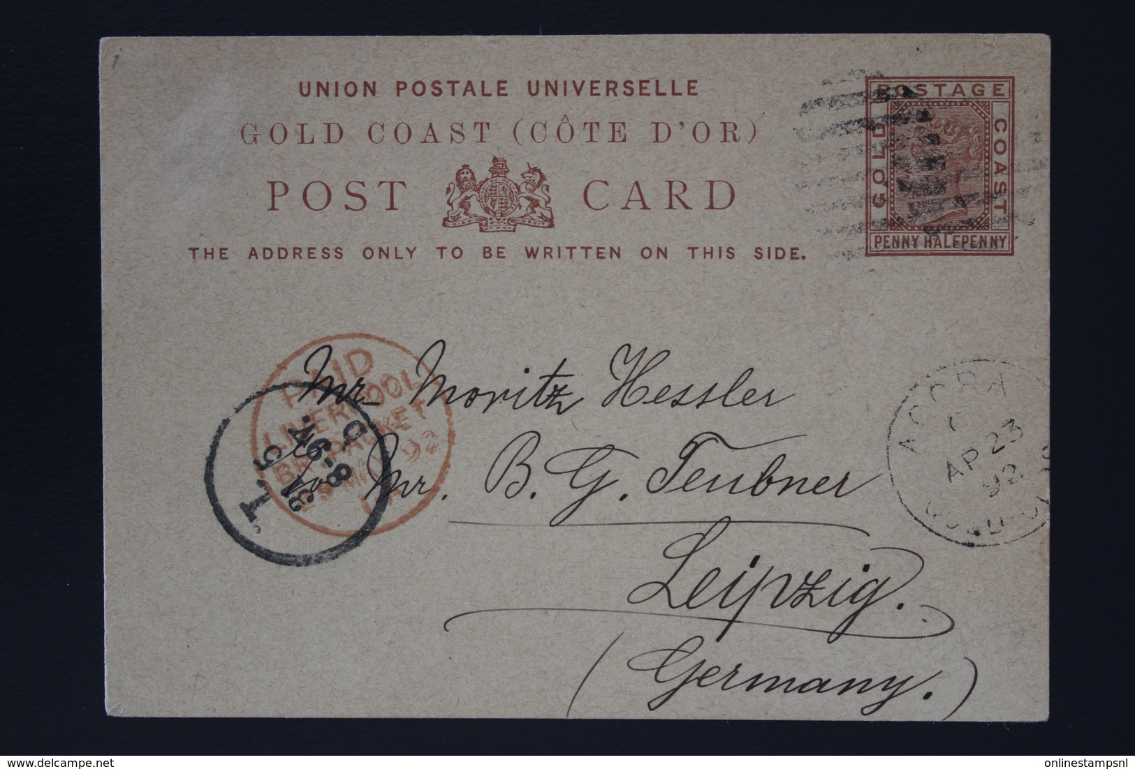 GOLDCOAST Postcard HG P1  ACCRA -> PAID LIVERPOOL TAXED -> LEIPZIG Germany  23-4-1892 - Gold Coast (...-1957)