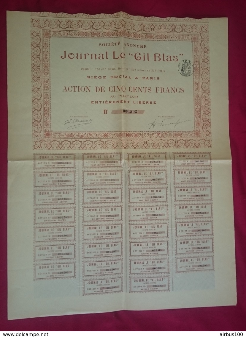 JOURNAL LE GIL BLAS ACTION DE CINQ CENT FRANCS 500 Frs Au PORTEUR - PRESSE - COMPLET ENTIER - VOIR TOUS LES SCANS - Autres & Non Classés