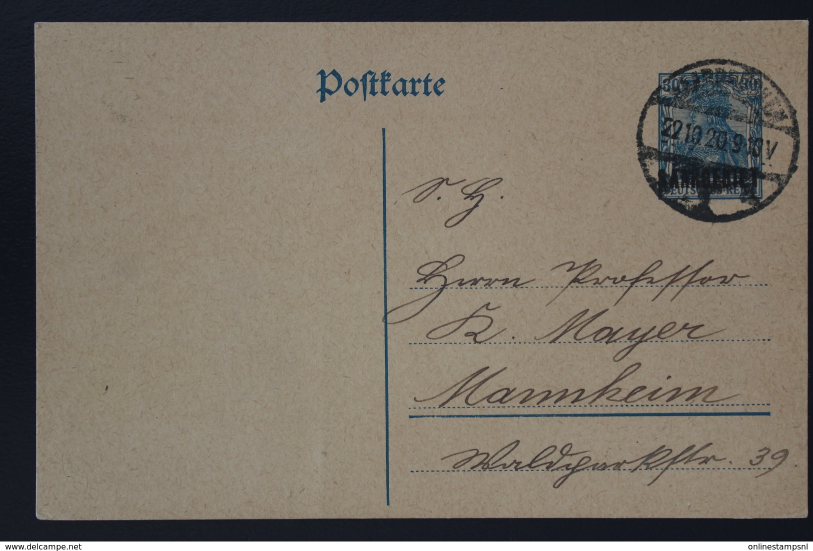 SAARGEBIET POSTKARTE Mi  P7  22-10-1920 -> Mannheim - Entiers Postaux